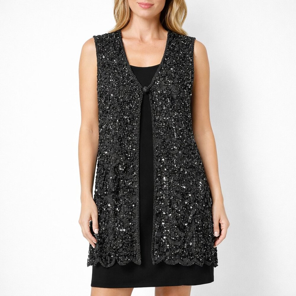 Oleg Cassini Black Tie Beaded Silk Vest Women's M Formal Evening Top Long